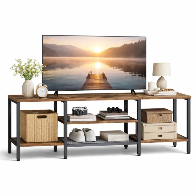 Signature Home TV-meubel 140 cm - industriële tv-kast met 3 niveaus - voor tv's tot 65 inch - multifunctionele tv-kast - retrobruin en zwart bruin - zwart