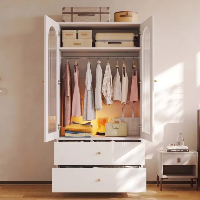 HAUSS SPOLE Kledingkast - 2 Deuren met Ribbelglas en 2 Laden - met Kledingroede voor Slaapkamer en Kinderkamer - MDF en Glas - Wit - 90x50x200 cm