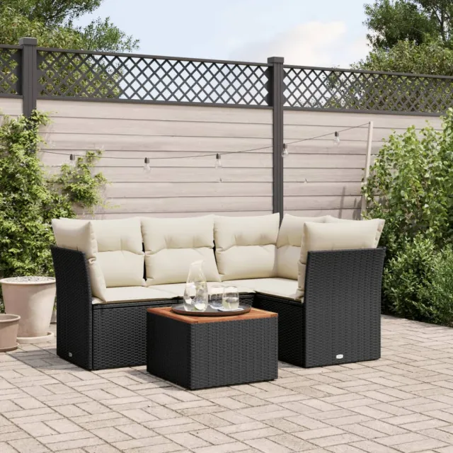 vidaXL 5-delige Loungeset met kussens poly rattan zwart, foto 2