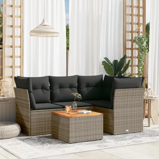 vidaXL 5-delige Loungeset met kussens poly rattan grijs, foto 2