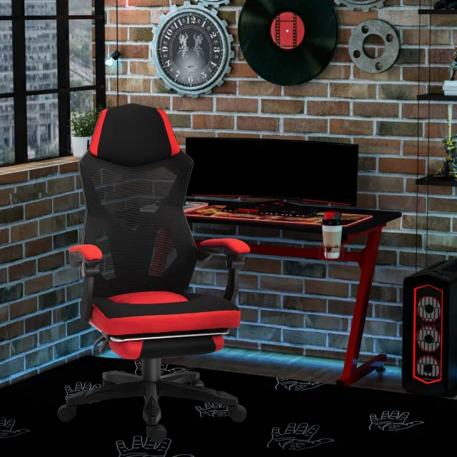 DESMIU Gamingstoel 58 X 63 X 112 122 Cm - Ergonomisch Met Voetsteun En Kantelbare Rugleuning - Voor Bureau En Gaming - Mesh - Zwart Rood Zwart/Rood