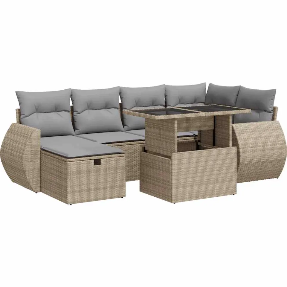 vidaXL 7-delige Loungeset met kussens poly rattan beige, foto 3