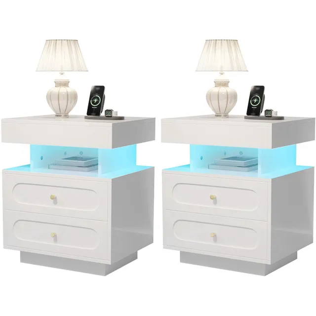 KOMHTOM BLACKCOLORS - Nachtkastje met LED-verlichting - Met 2 Lades en 1 Open Opbergruimte - Wit Wit-2