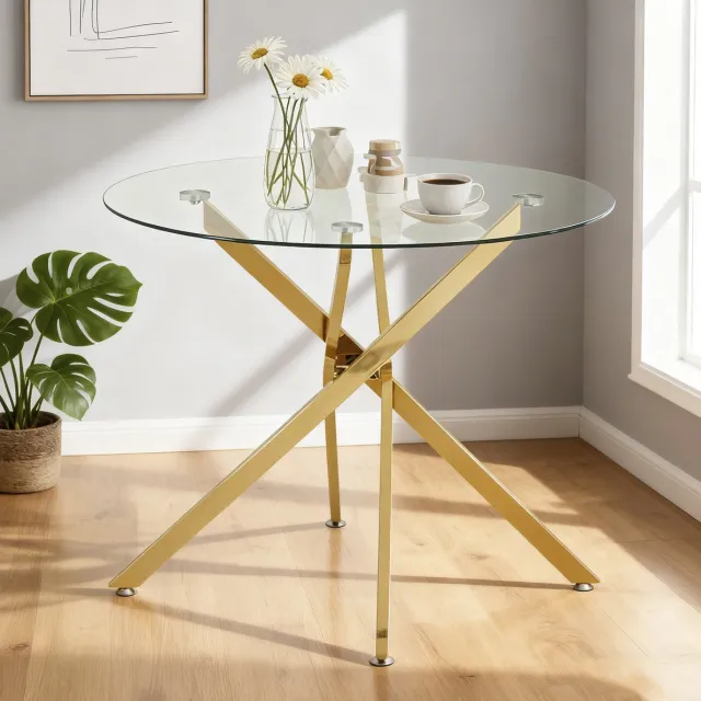 STILVORA Eettafel - Ronde Glazen Tafel Met Gouden Metalen X-Poot - Voor Eethoek En Kleine Ruimtes - Glas En Metaal - 80x80x76 Cm