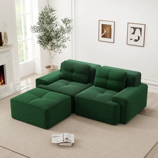 Sweiko Hoekbank - L-vormige bank - Modulaire tweezitter - Corduroy - Met voetenbank - Groen