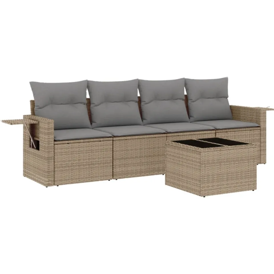 vidaXL 5-delige Loungeset met kussens poly rattan beige, foto 3