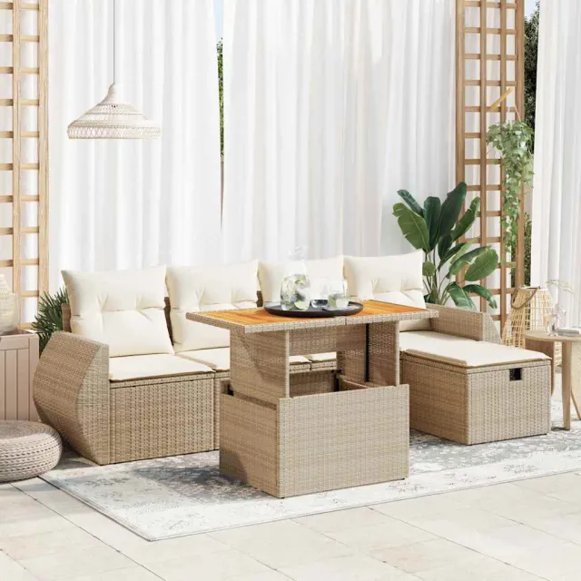 vidaXL 6-delige Loungeset met kussens poly rattan acacia beige, foto 2