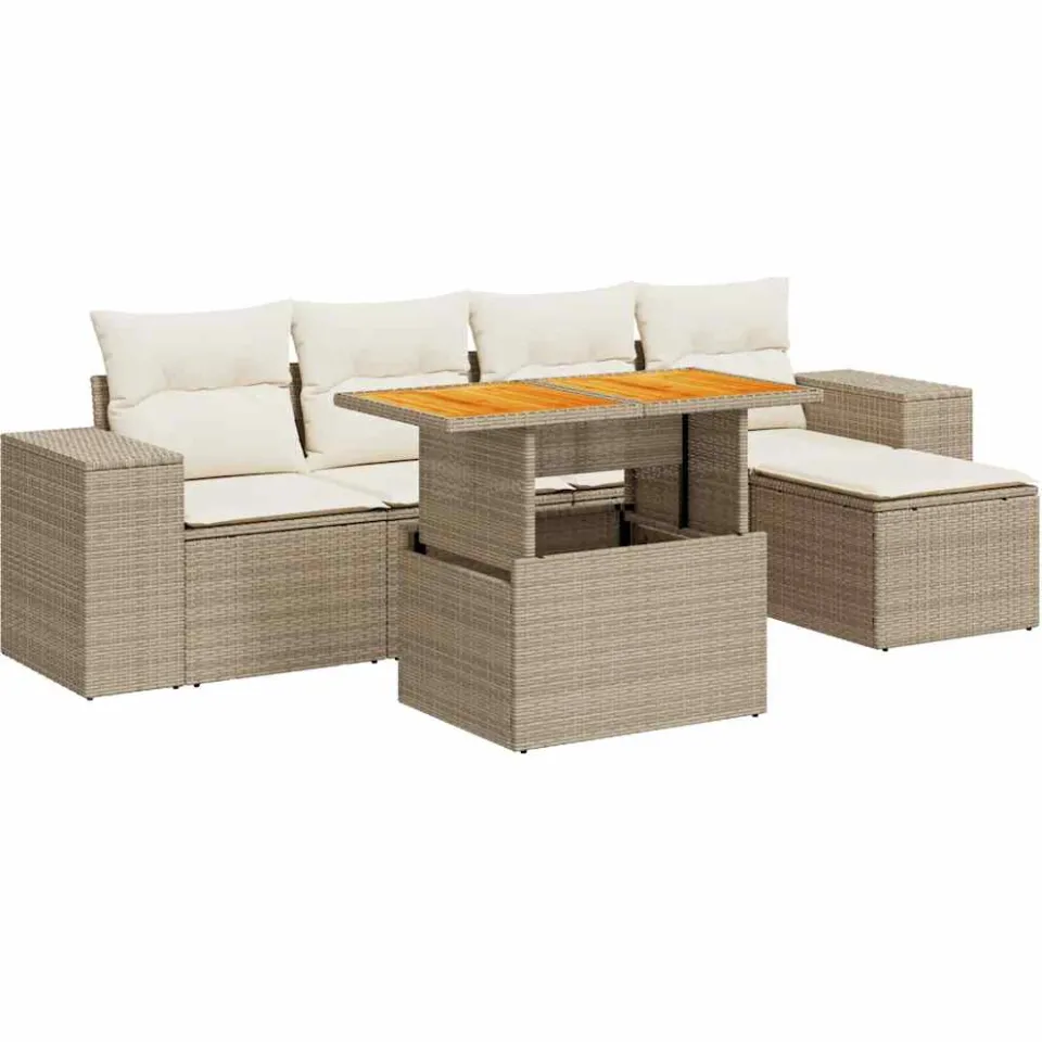 vidaXL 6-delige Loungeset met kussens poly rattan beige, foto 3