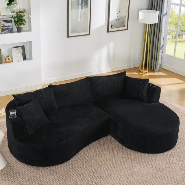 MEUNIQ 3-zits hoekbank met rechter chaise longue, gebogen design, zachte corduroystof, kussens en bekerhouders, voor woonkamer, hotel, appartement of kantoor, zwart