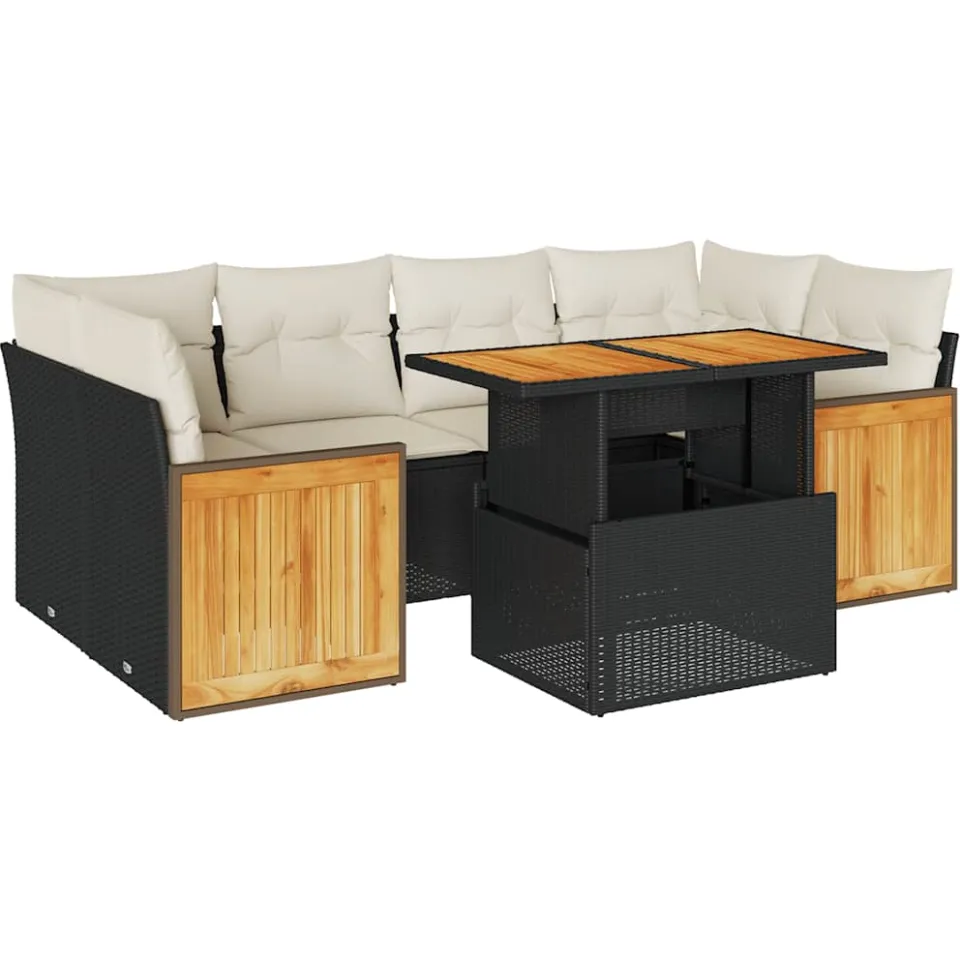vidaXL 7-delige Loungeset met kussens poly rattan acacia zwart, foto 3