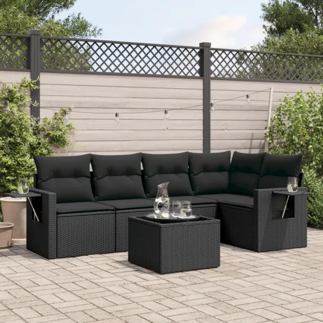 vidaXL 6-delige Loungeset met kussens poly rattan zwart, foto 2