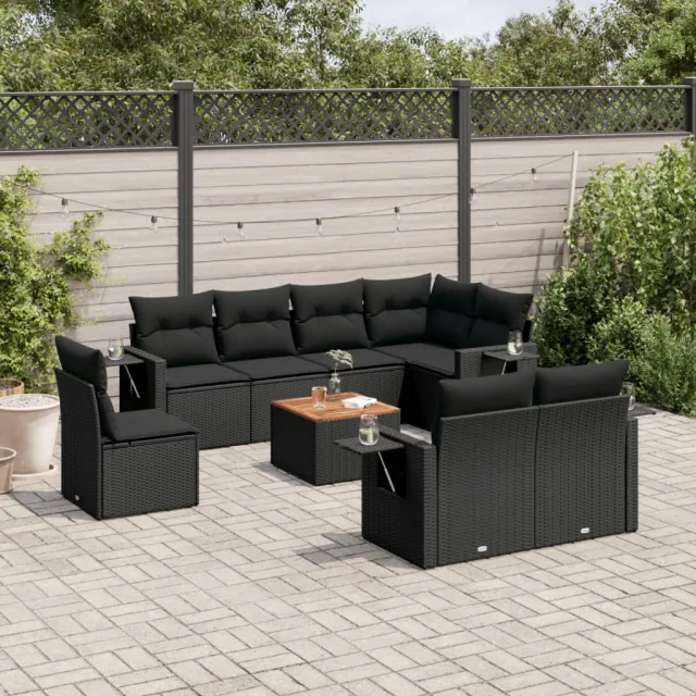 vidaXL 9-delige Loungeset met kussens poly rattan zwart, foto 2