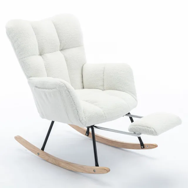 Ropilly Witte Teddy Schommelstoel - Gestoffeerde Schommelstoel Met Voetensteun - Ergonomisch - Houten Poten - 110kg - Woonkamer - 80x98x98,5cm - Wit