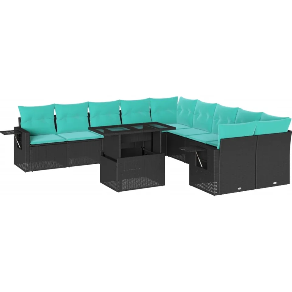 vidaXL 11-delige tuinbankset met kussens, zwart polyrotan