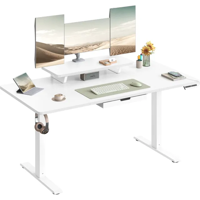 Vasagle Zit Sta Bureau - Elektrisch - Flexibele Monitorstandaard - Lade en USB-C Aansluiting Wolkenwit
