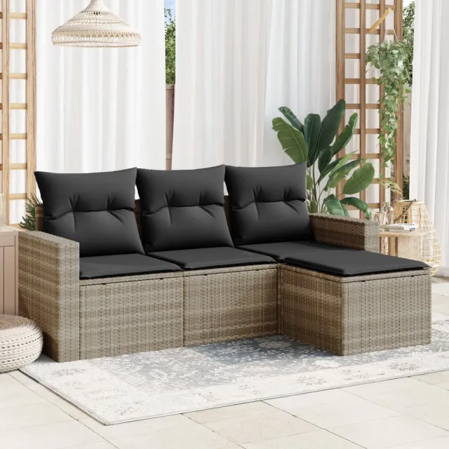 vidaXL 4-delige Loungeset met kussens poly rattan lichtgrijs grijs, foto 2