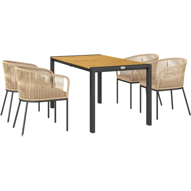 Outsunny Tuinset van Acaciahout en Rattan - Loungeset met Tafel en 4 Stoelen - Tuinmeubelset - Naturel en Khaki Naturholz+Khaki