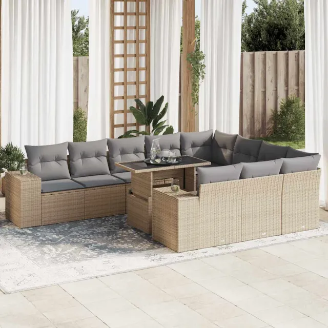 vidaXL 11-delige Tuinset met kussens poly rattan beige, foto 2