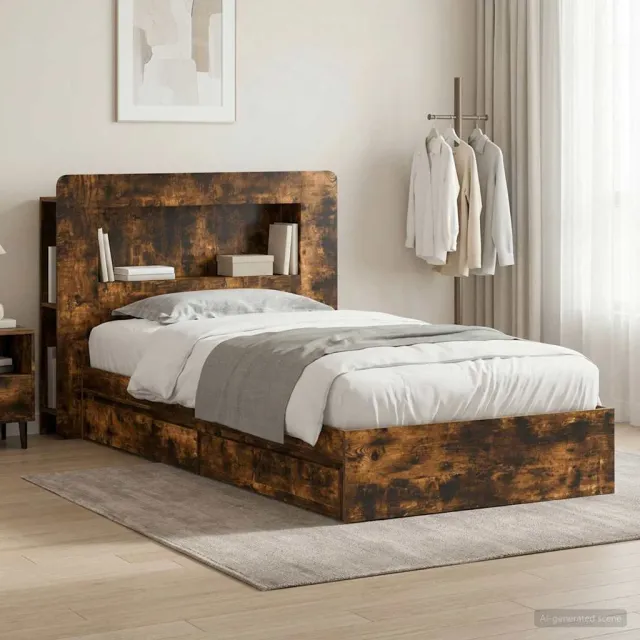 vidaXL Bedframe met opslag Gerookt eiken 100 x 200 cm Bewerkt hout Bruin