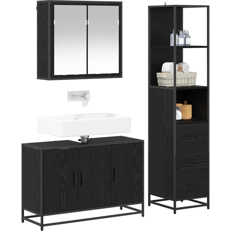 vidaXL Badkamermeubelset 3 st Zwart Eiken 90 x 33 x 60 cm Bewerkt hout, foto 2