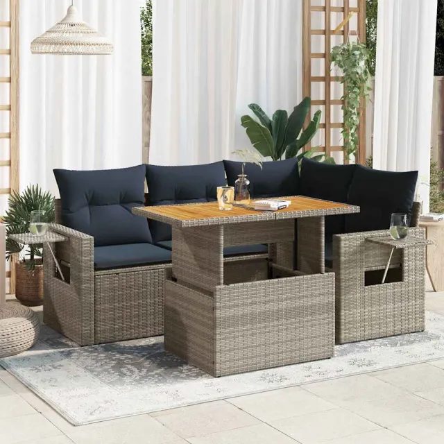 vidaXL 5-delige Loungeset met kussens poly rattan grijs, foto 2