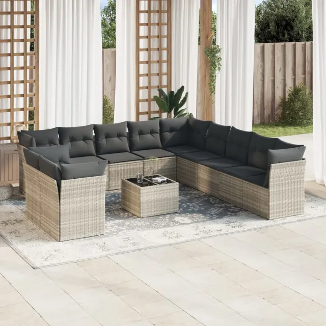 vidaXL 12-delige Loungeset met kussens poly rattan lichtgrijs grijs, foto 2