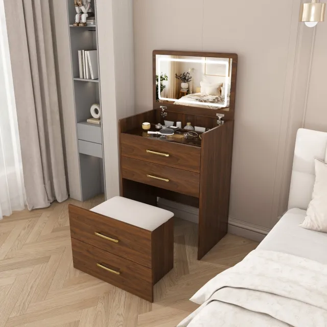 DESMIU Kaptafel Compact 3 In 1 Met Opklapbare Spiegel Glazen Blad En Opbergruimte Voor Slaapkamer Walnoot MDF 60 x 40 x 118 Cm