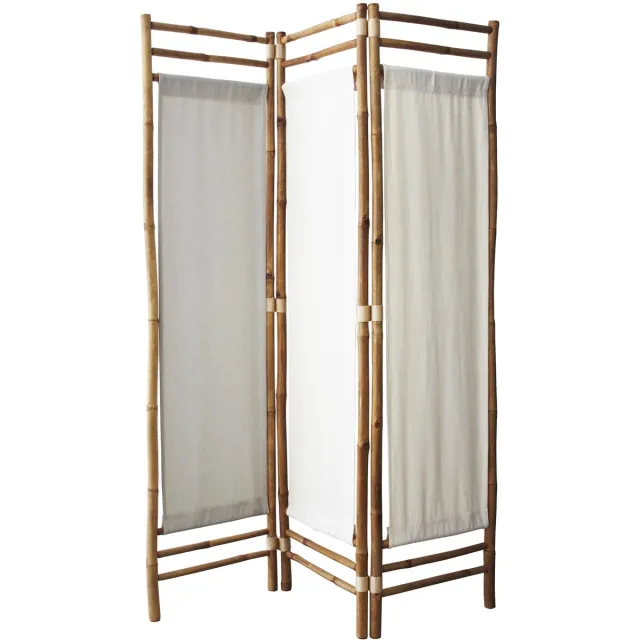 Famanu Kamerscherm voor binnen, ruimteverdeler van doek en natuurlijk bamboe, 3-paneels kamerscherm, 160 x 120 cm, geschikt voor slaapkamer en woonkamer, verplaatsbare scheidingswand Naturel