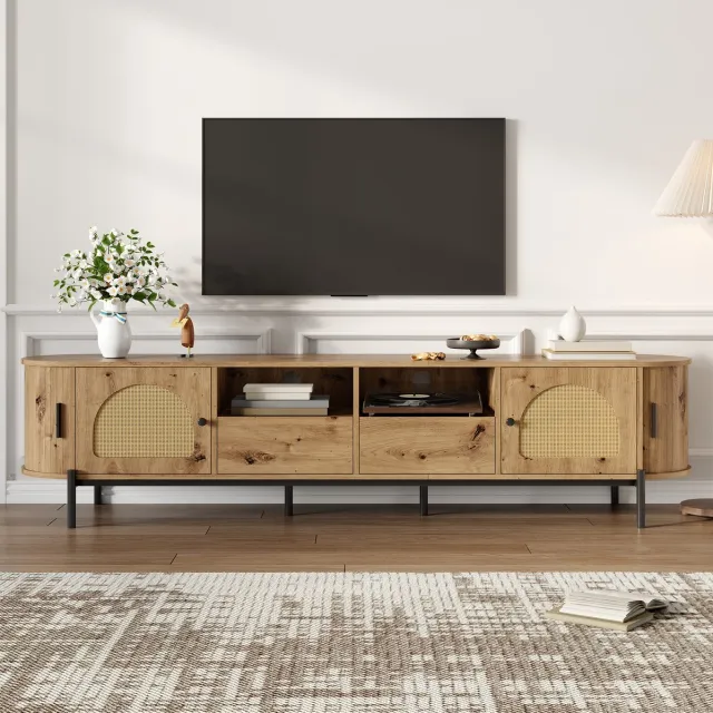 MEUNIQ ovaal tv-meubel 200 x 40 x 49,5 cm met rattan deuren, schuifdeuren, 2 lades en open vakken, tv-kast voor woonkamer in naturel houtlook met zwarte metalen poten