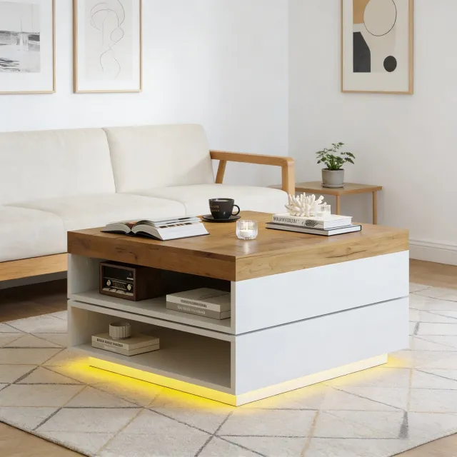 MODENUIT Salontafel - Hoogglans met LED en 2 Lades - Voor Woonkamer en Kleine Ruimtes - Wit - 70x70x35 cm