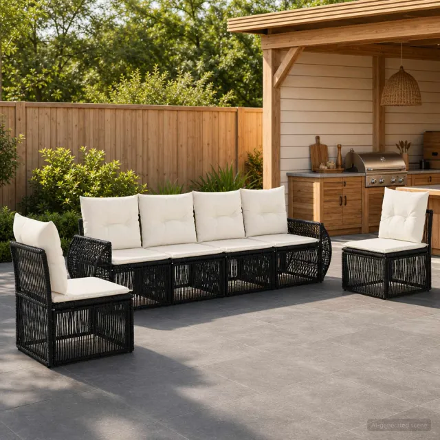 vidaXL Tuinbankenset 6 st 6-zits Zwart en Cream Wit poly rattan