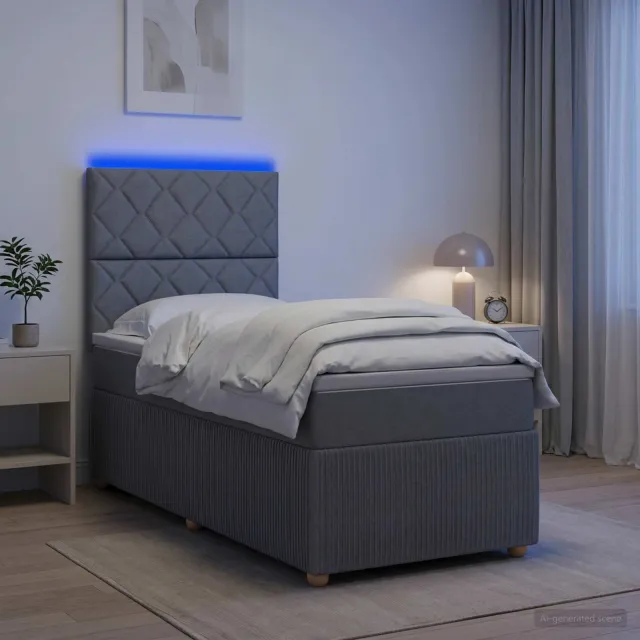 vidaXL LED Boxspring Bed met Matras Lichtgrijs 100 x 200 cm Stof