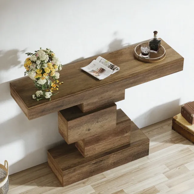 WUVRIE Sidetable 108x30x80 cm - Geometrische voet en houtlook - Lichtbruin