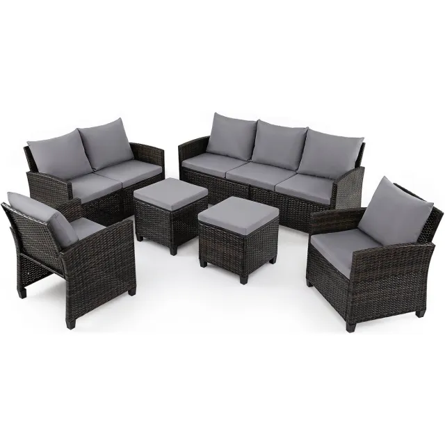 Costway 6-delige rotan tuinmeubelset, zitgroep voor 7 personen, set met 2 banken, 2 fauteuils, 2 poefs en kussens, weerbestendige terrasmeubels voor buiten, balkonmeubels voor terras, balkon en tuin (grijs)