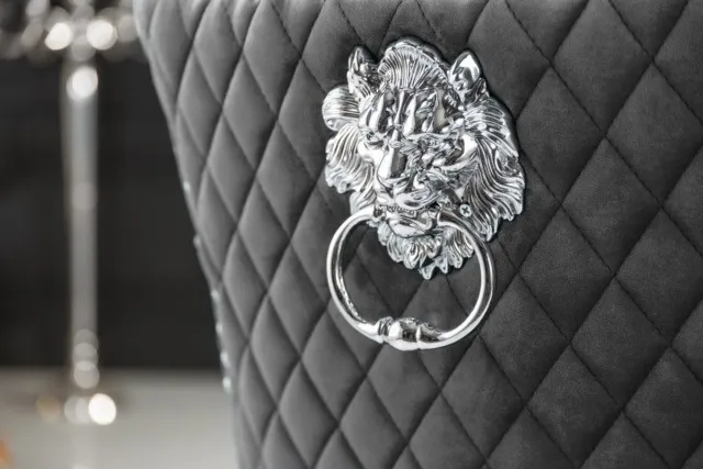 Invicta Interior Elegante stoel CASTLE DELUXE grijs fluwelen leeuwenkop Chesterfield design eetkamerstoel klinknagels - 40471 Zie omschrijving