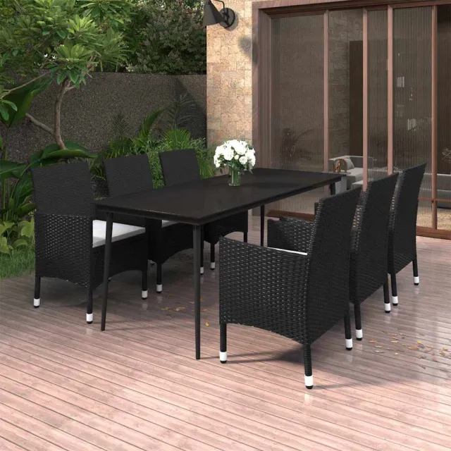 vidaXL 7-delige Tuinset met kussens poly rattan en glas zwart, foto 2