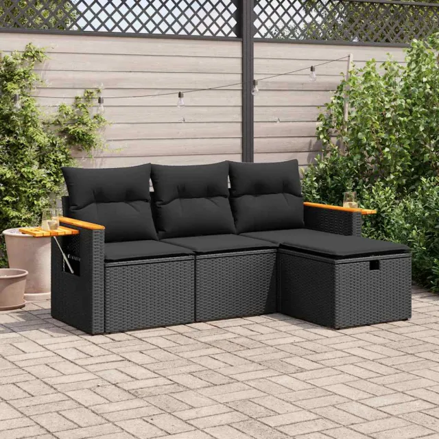 vidaXL 4-delige Loungeset met kussens poly rattan zwart, foto 2
