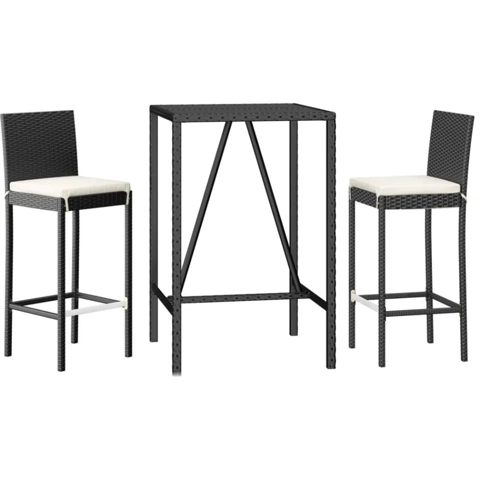 vidaXL 3-delige Tuinbarset met kussens poly rattan zwart