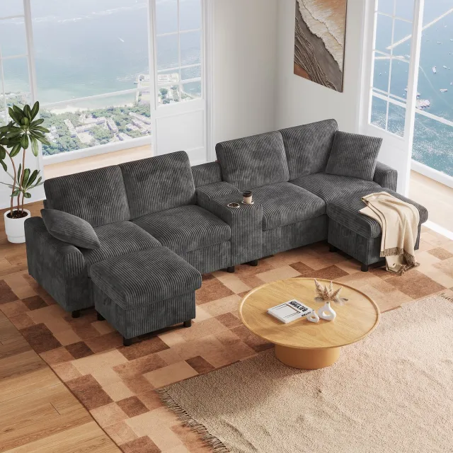 MODENUIT U-bank 315 x 135 x 81 cm - Met Opberghockers, Tafel En Laadpunten - Voor Woonkamer - Ribstof Grijs