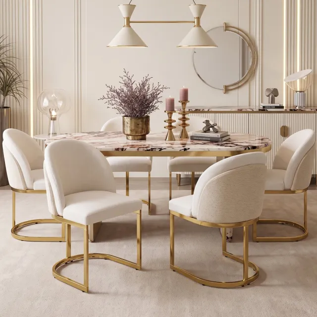 STILVORA Eetkamerstoel - Set Van 4 - Dubbele Rugleuning En Chenille Bekleding - Voor Eetkamer, Woonkamer En Cafe - Metaal Beige Goud