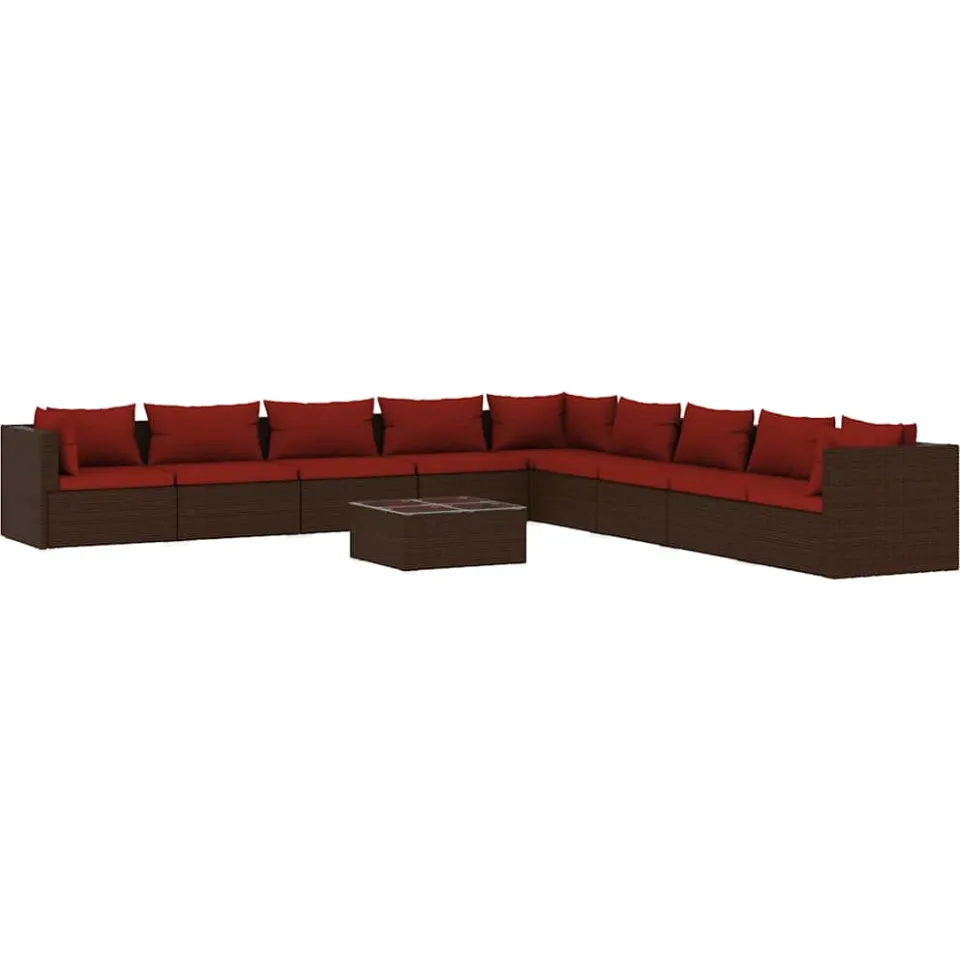 vidaXL 10-delige Loungeset met kussens poly rattan bruin, foto 3