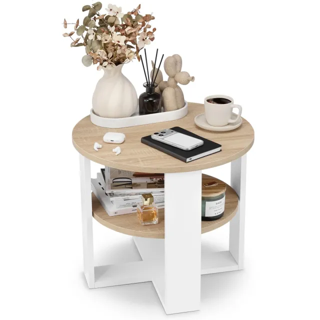 defiPad Bijzettafel Rond Ø53 cm - Bijzettafel - Wit + Sonoma Eiken met Plank