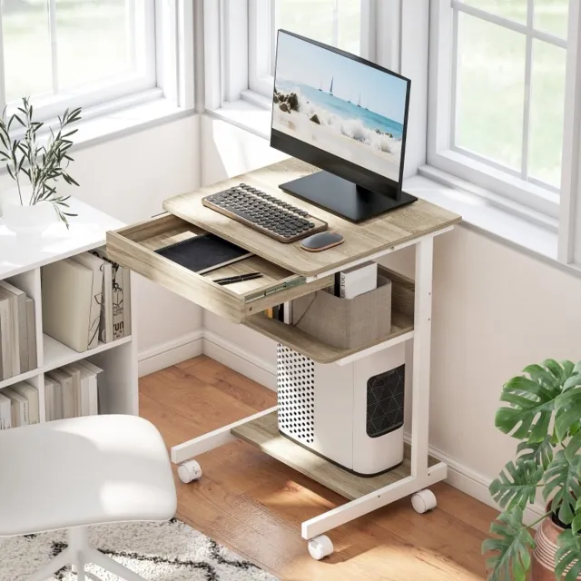 MIVRAY Bureau – Compact Rollend Ontwerp Met Lade En Planken – 56 x 51 x 79 cm – Spaanplaat En Metaal – Eikenkleur – Voor Kleine Ruimtes