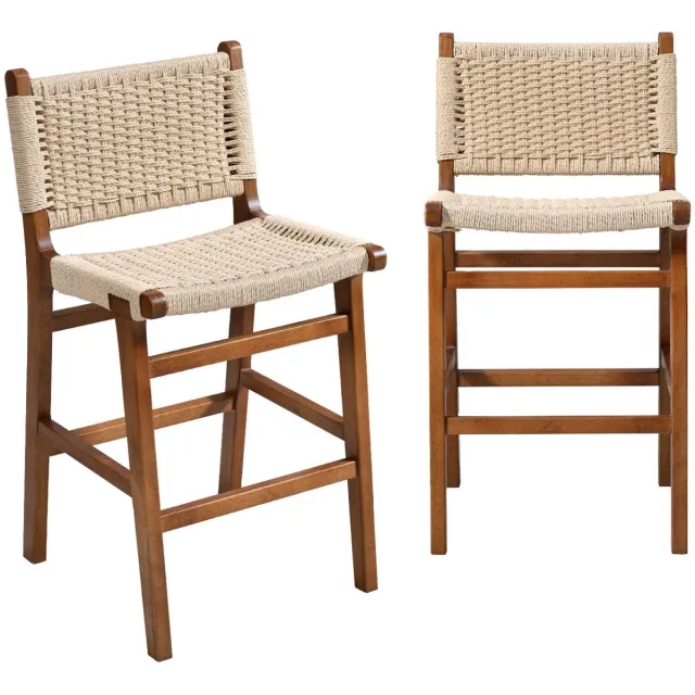 sweeek Set van 2 barstoelen van rubberhout en zitting met gevlochten touw - joy Walnoot effect