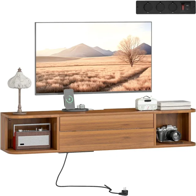 sogiol Zwevend TV-Meubel voor schermen tot 50 inch met stopcontacten - USB- en Type-C-aansluitingen - lade en planken - 120x24x22,4 cm - walnootkleur