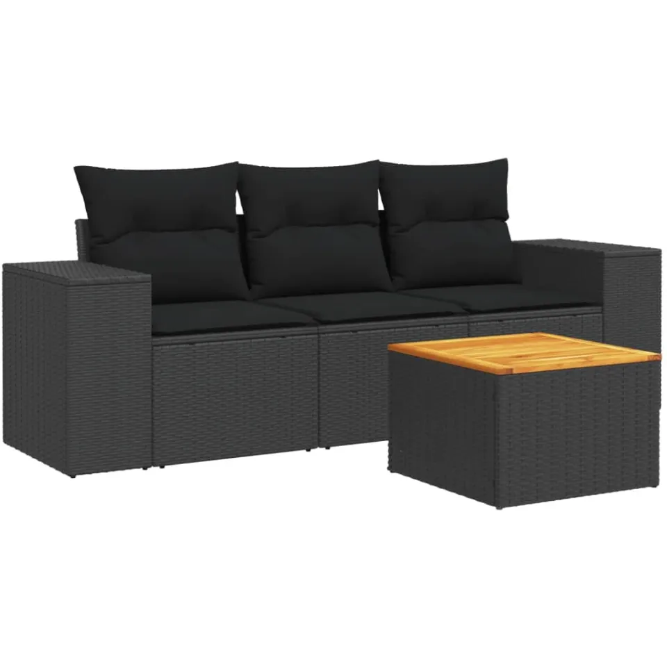 vidaXL 4-delige Loungeset met kussens poly rattan zwart