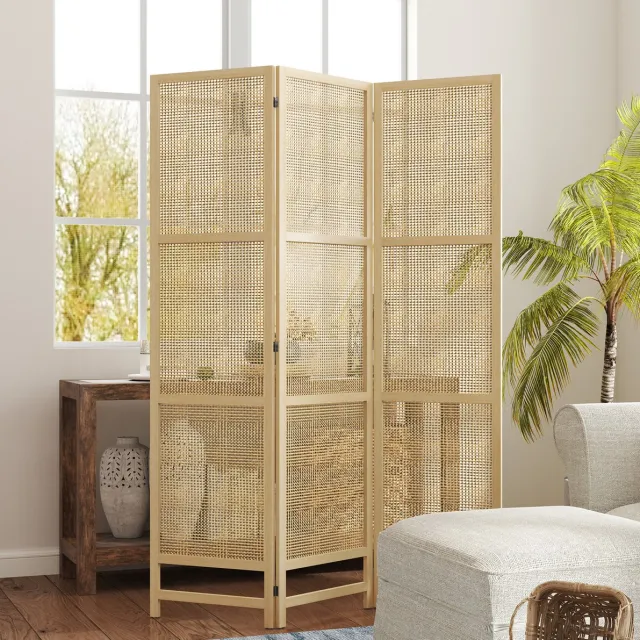 MEUNIQ Kamerscherm 135 x 180 cm 3-delig inklapbaar paravent met grenenhouten frame en gevlochten panelen voor woonkamer slaapkamer of kantoor Naturel Natural Wood
