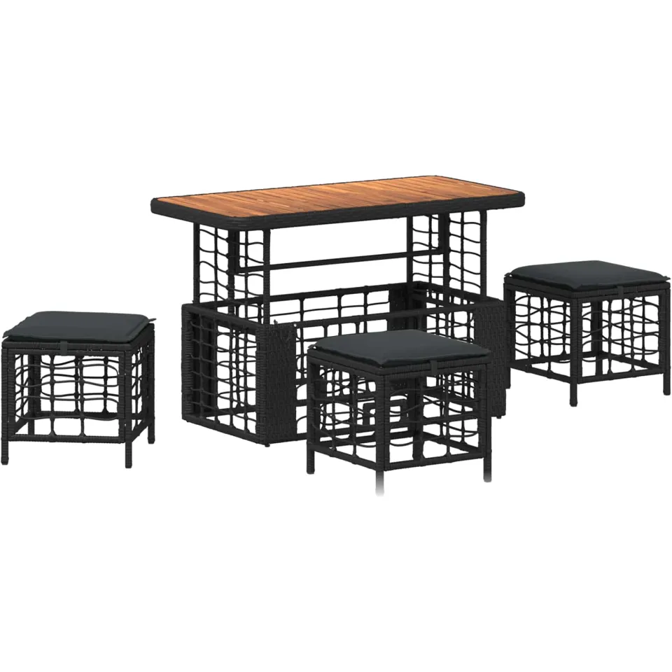 vidaXL Tuin eettafelset 4 st Zwart en Grijs Poly Riet en Acaciahout