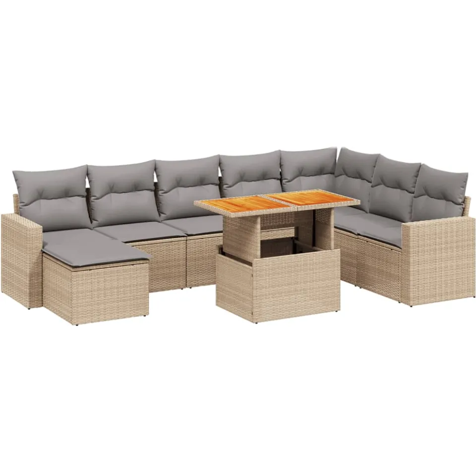vidaXL 9-delige Loungeset met kussens poly rattan beige