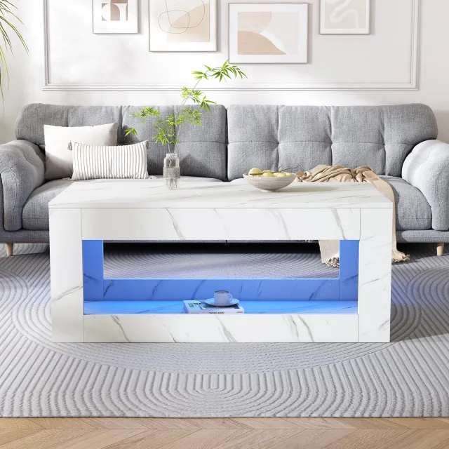 Maisentiel LED salontafel 100 x 50 x 50 cm met open vak, hoogglans spaanplaat wit